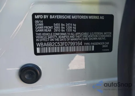 2015 BMW 650I Gran Coupe from USA, damaged, VIN WBA6B2C53FD799164